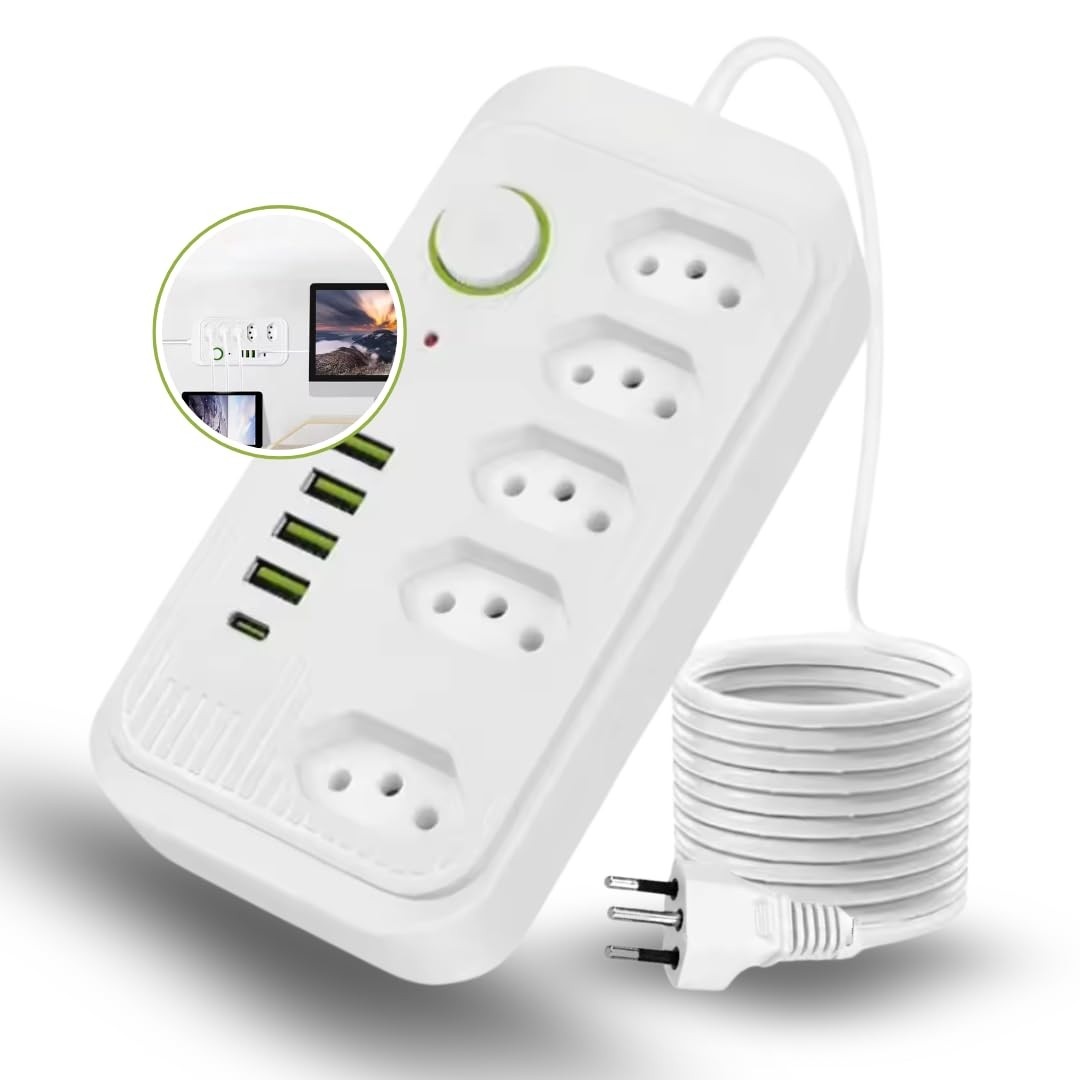 Régua de Energia 5 Tomadas + 4 USB + 1 USB-C 2m Bivolt 2500W com Proteção Contra Sobrecarga