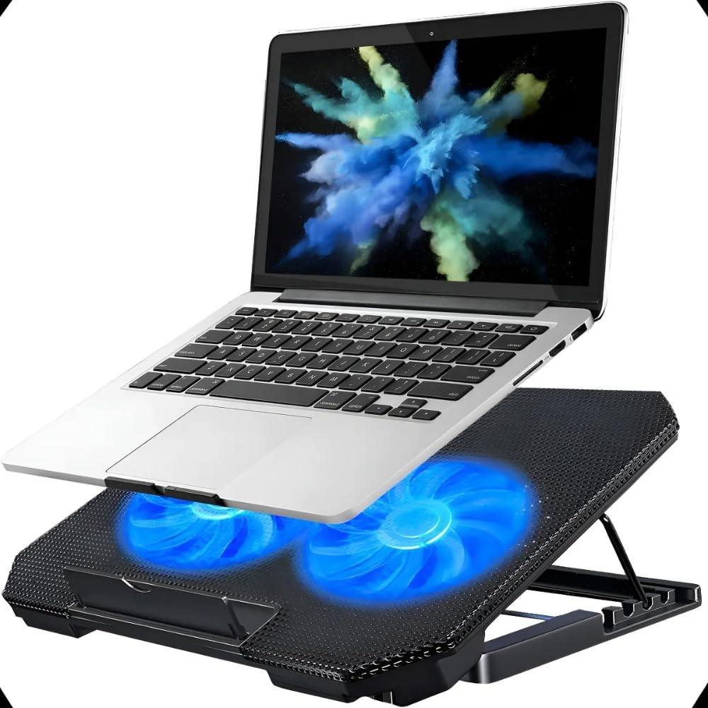 Suporte Base para Notebook com Cooler Duplo Silencioso, 8 Níveis de Ajuste Ergonômico, USB e Iluminação LED - Até 17"