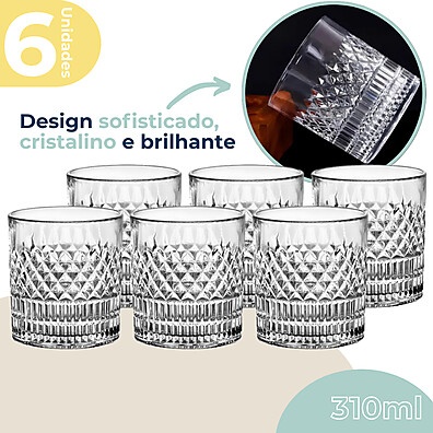 Copo de Whisky Cristal 310ml: Elegância em 6 Unidades
