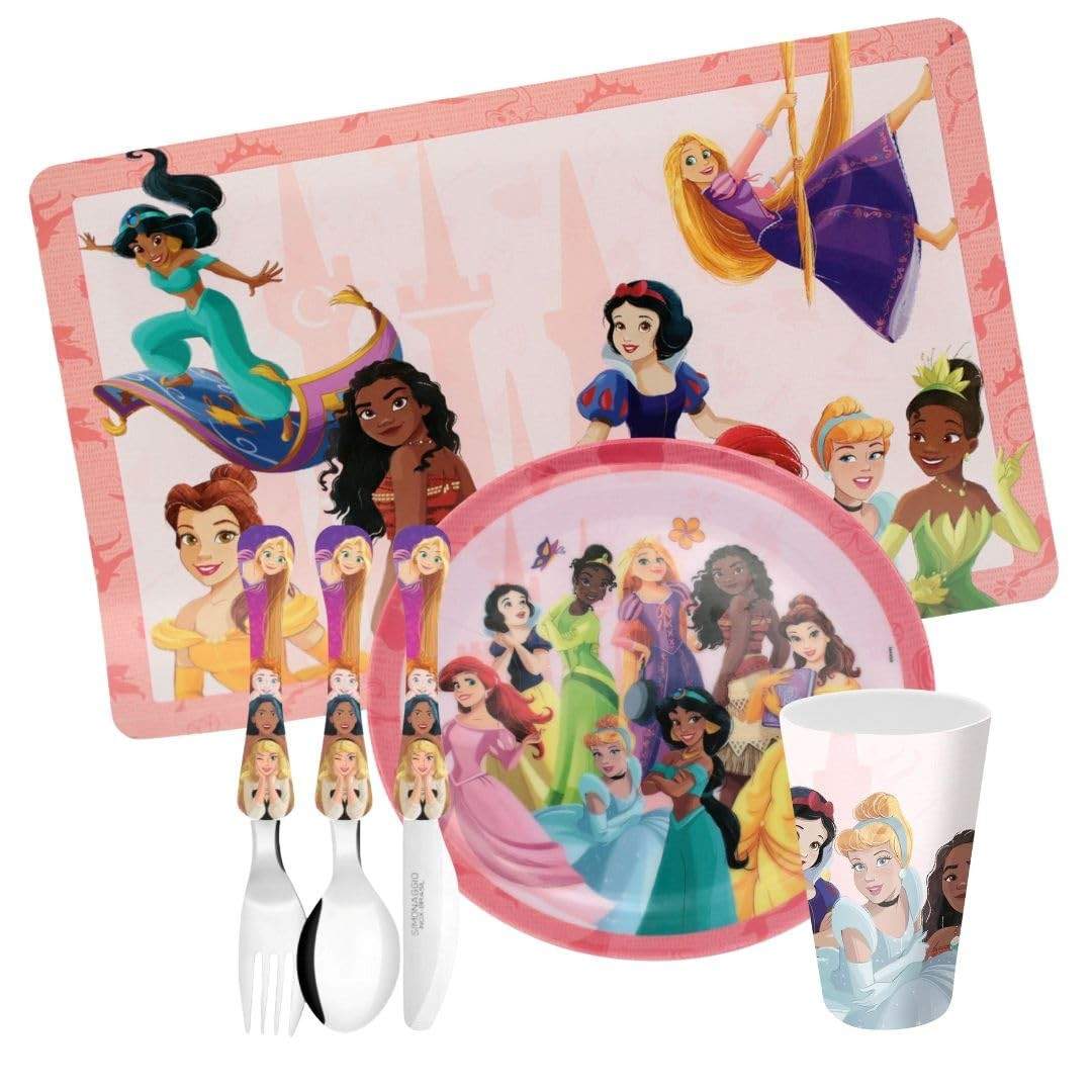 Jogo Refeição Infantil Princesas Disney 6 Peças - Yangzi | Prato, Copo, Lugar Americano e Talheres
