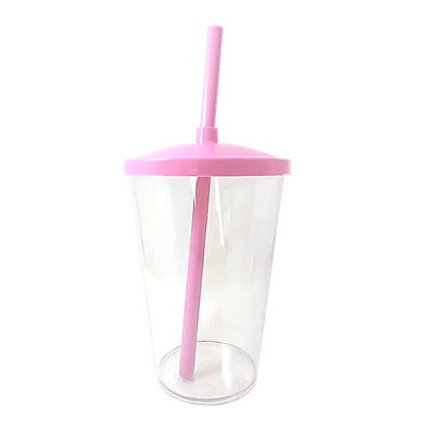 Copo Plástico 300ml Rosa Claro com Tampa e Canudo - Rizzo