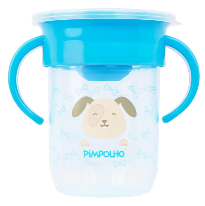 Copo de Treinamento 360º Pimpolho Antivazamento com Tampa Protetora, Silicone Macio 240mL Azul - Ideal para Bebês a Partir de 6 Meses