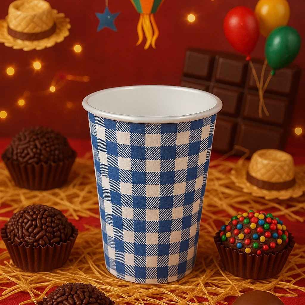Copos Festa Junina: 10 a 60 Unidades Xadrez Azul