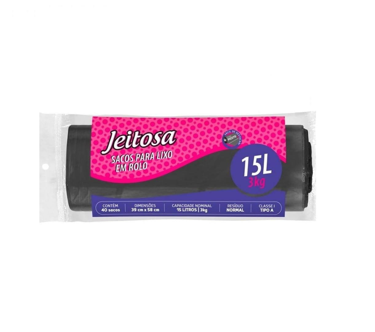 Saco para Lixo 15L Jeitosa - Rolo com 40 Unidades, Fundo Reforçado, Picote Fácil - Cor Preta