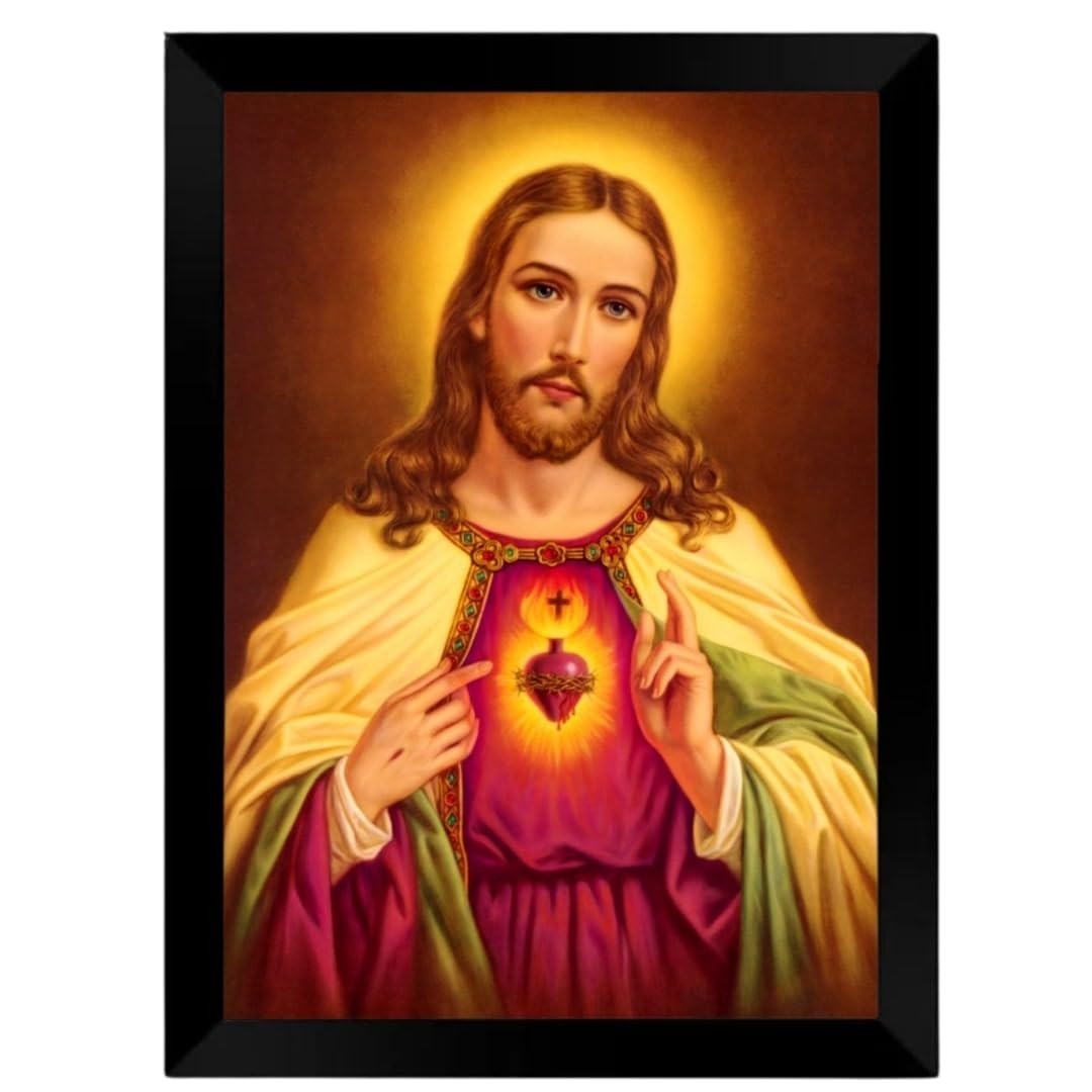 Quadro Decorativo Religioso Sagrado Coração de Jesus - Design Elegante em Preto A3