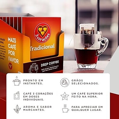 Café Drip 3 Corações Tradicional - 10 Sachês Práticos