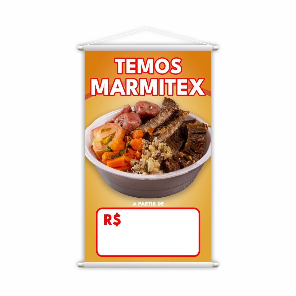 Banner Marmitex Profissional 80x50cm - Fundo Branco com Corda e Bastões de Madeira