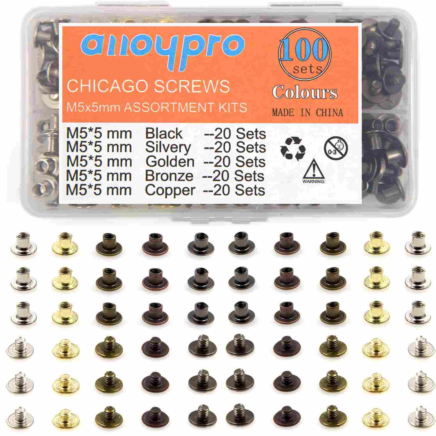 100 Conjuntos Parafusos Chicago 5 Cores - Rebites de Couro para Artesanato e Encadernação