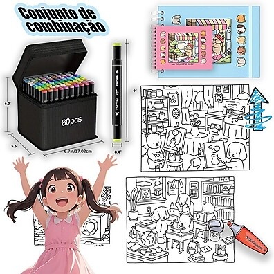 Caderno de Colorir com Canetinhas - 50 Páginas + Kit com até 80 Cores