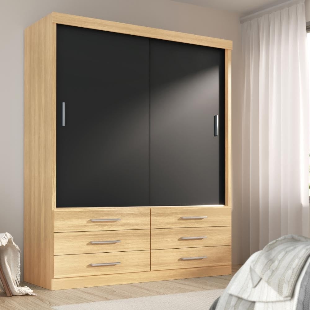 Guarda-Roupa Solteiro Capri 2 Portas Correr 6 Gavetas - Design Moderno em Teka e Onix