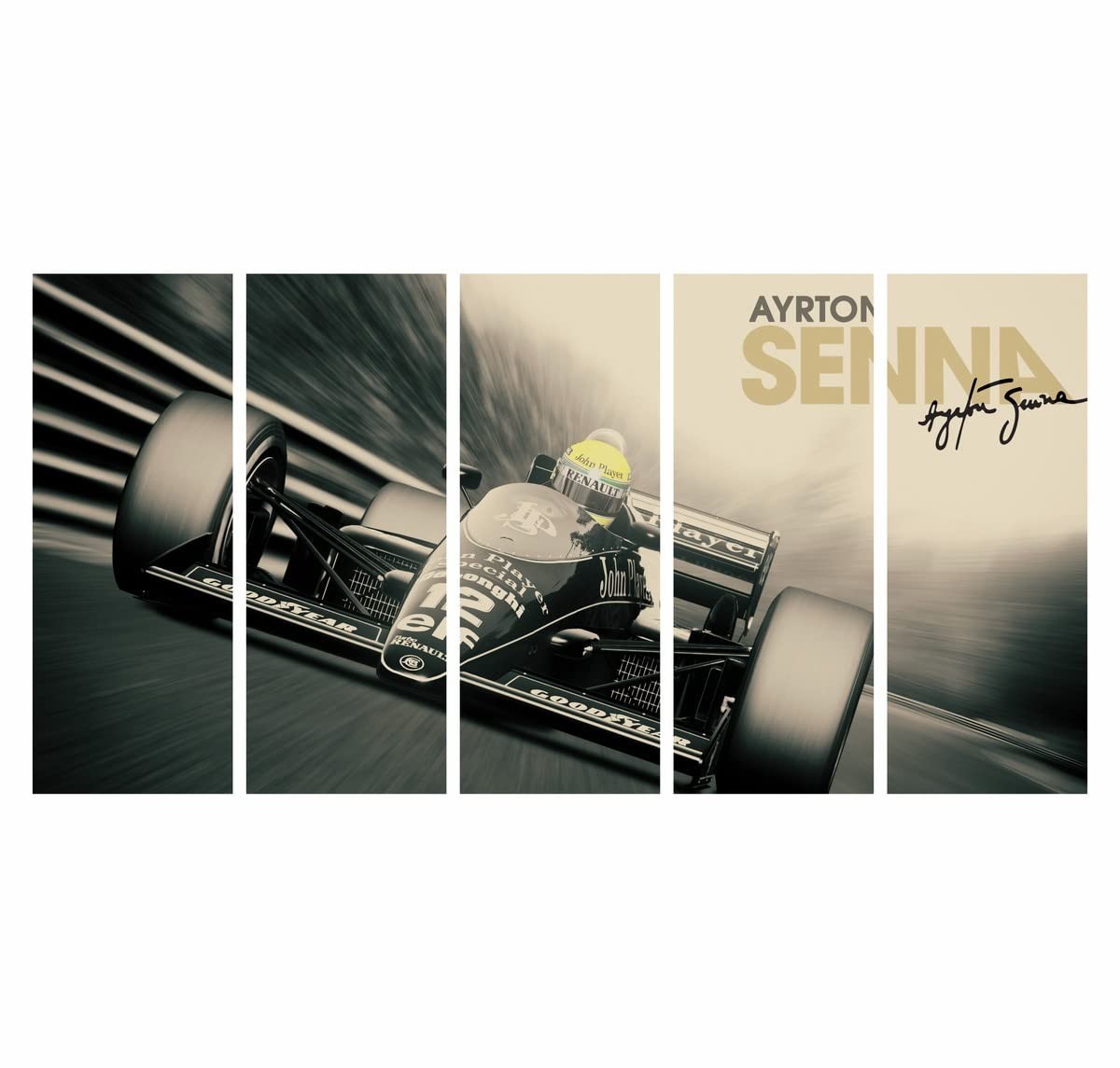 Quadro Decorativo 5 Peças Ayrton Senna F1 140x65cm - Design Premium para Fãs de Corrida