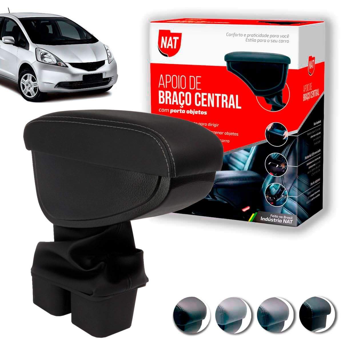 Apoio de Braço Couro Preto C/Linha Cinza para Honda New Fit (2009-2014) - Conforto e Estilo