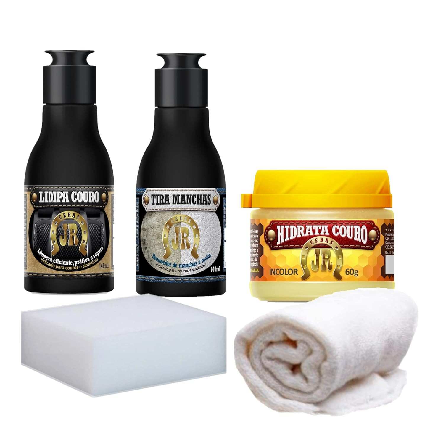 Kit Limpa e Hidrata Couro JR 60g - Limpeza Profunda e Proteção para Bancos, Jaquetas e Estofados
