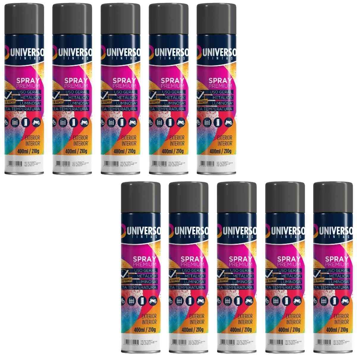 Tinta Spray 400ml Preto Fosco Uso Geral em Aço Ferro Couro Gesso Cerâmica | Universo | Kit 10 un