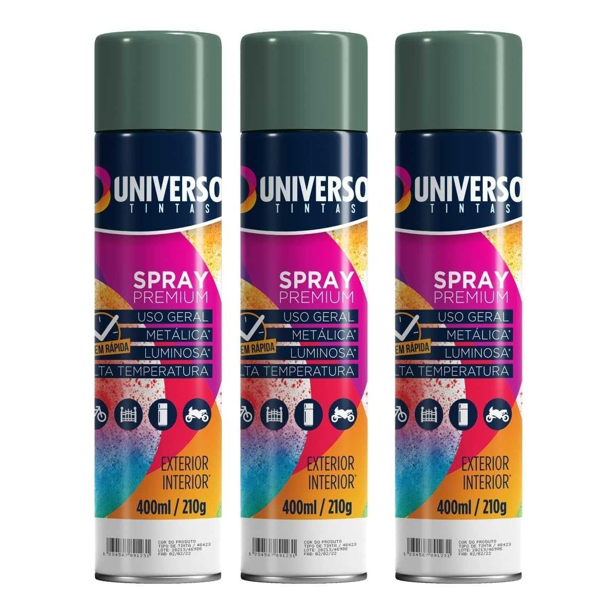 Tinta Spray 400ml Verde Escuro Uso Geral em Aço Ferro Couro Gesso Cerâmica | Universo | Kit 03 un