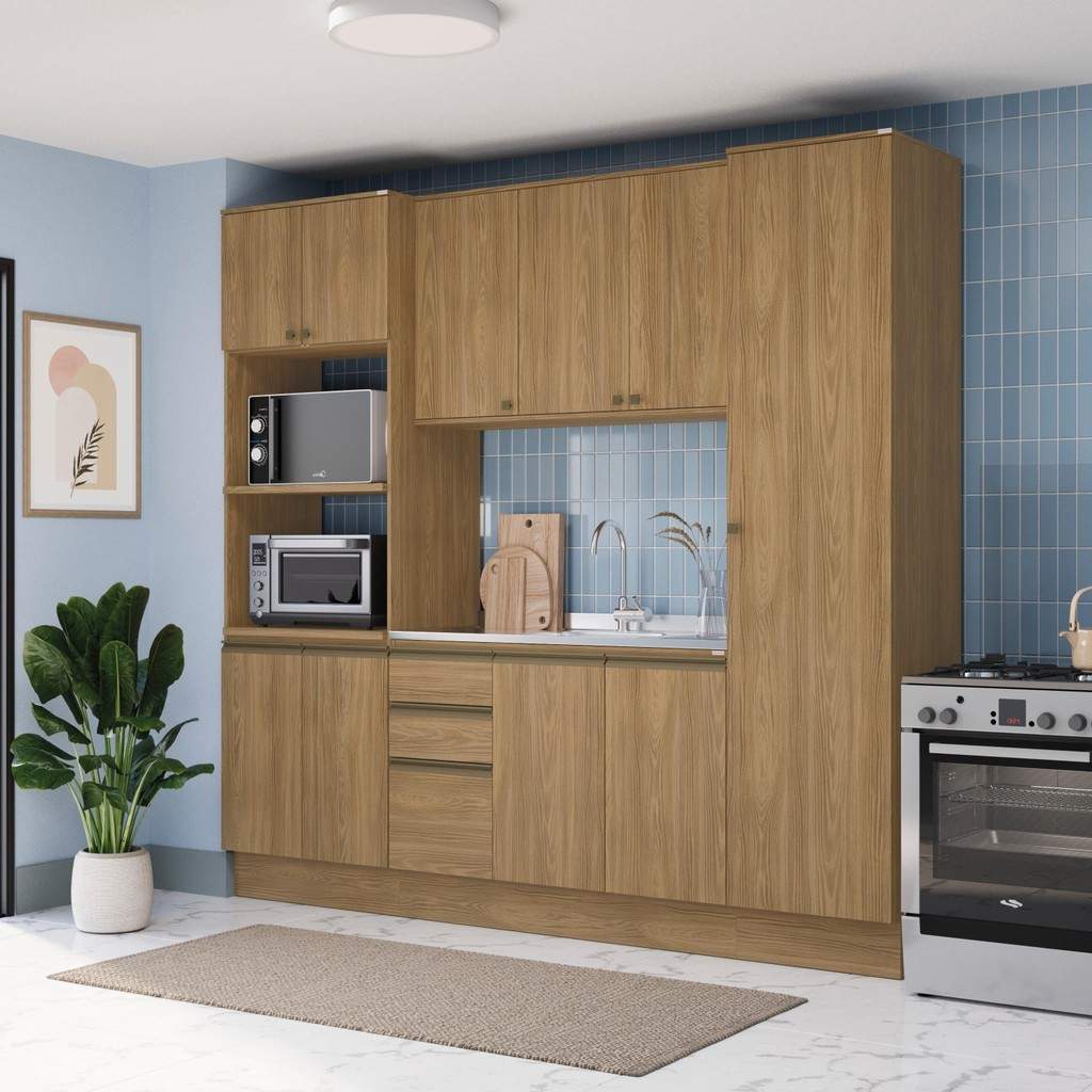 Cozinha Compacta Celeste 240cm: MDF Nogueira