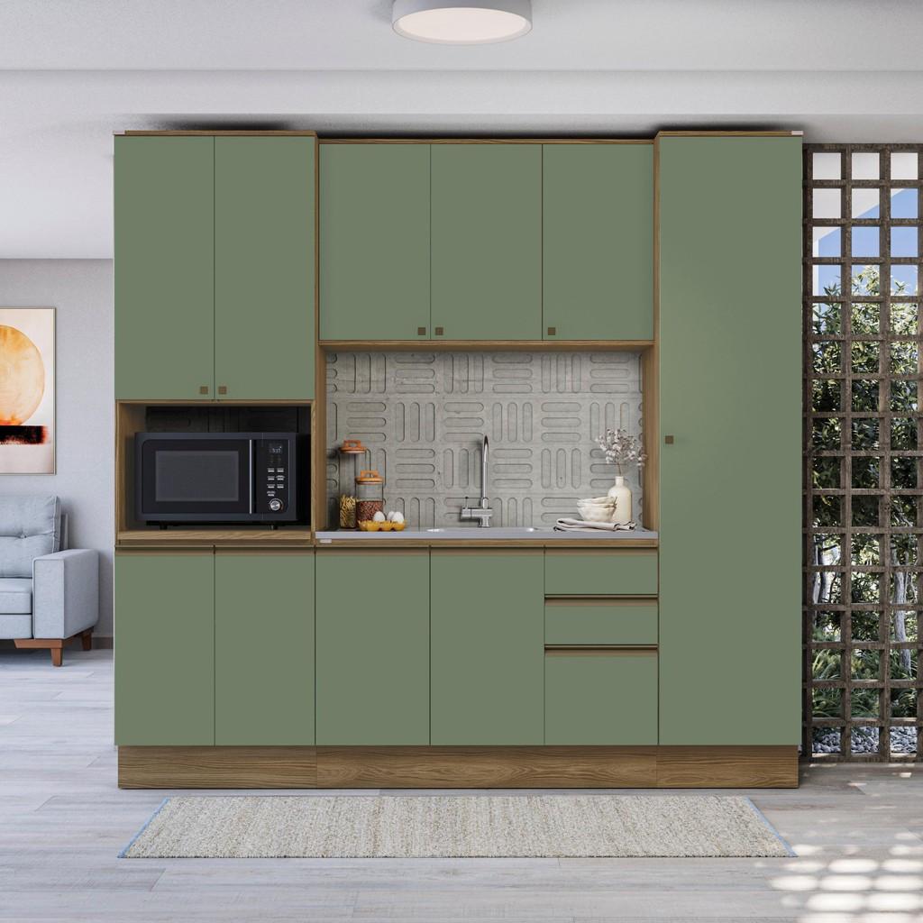 Cozinha Compacta Celeste 240cm: MDF, Nogueira/Verde