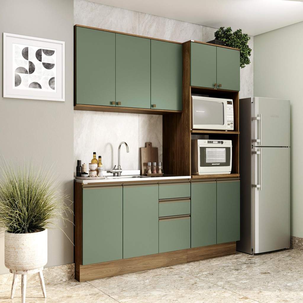 Cozinha Compacta Celeste Kappesberg 190cm: MDF Nogueira/Verde