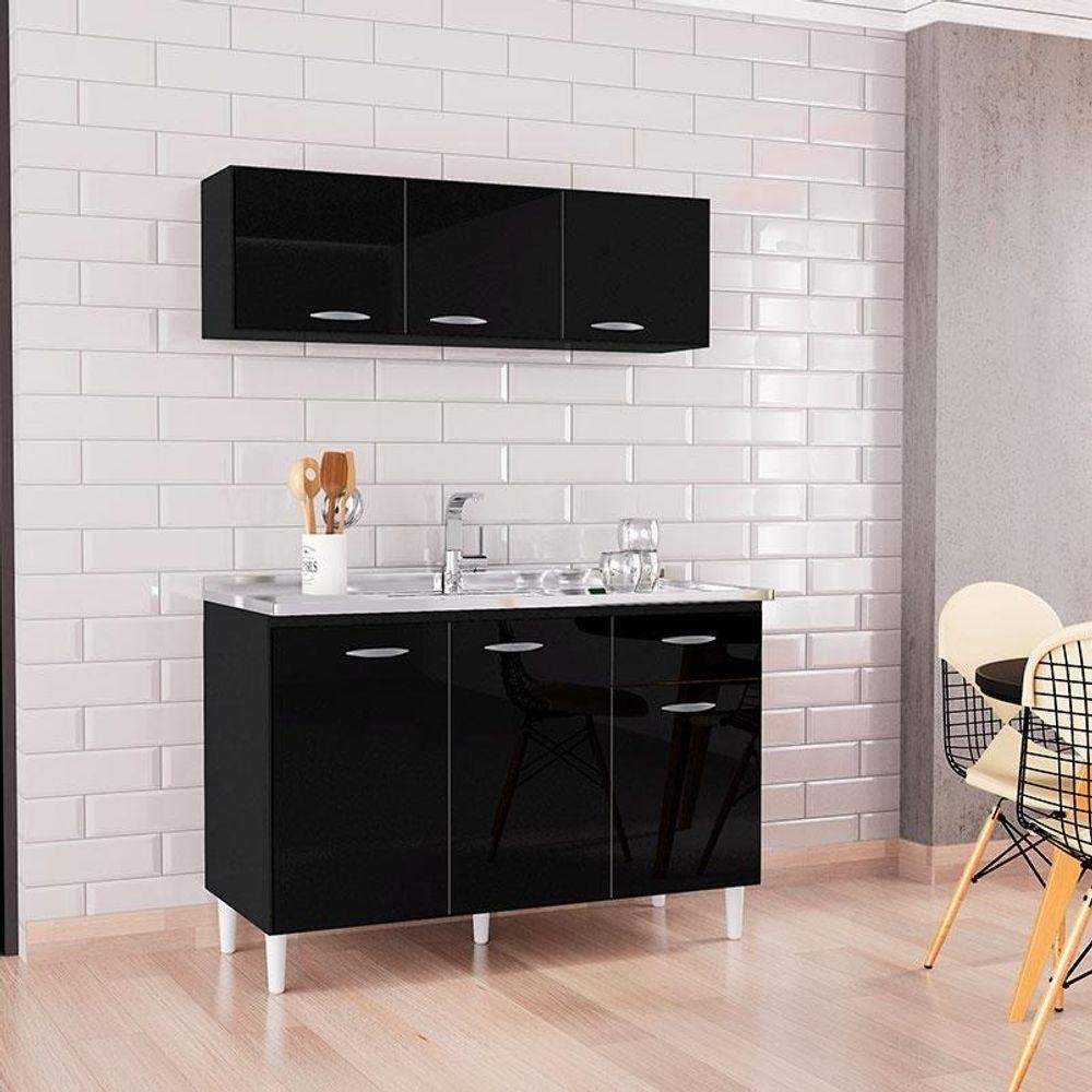 Cozinha Completa 120cm Preto: Balcão e Aéreo Poquema