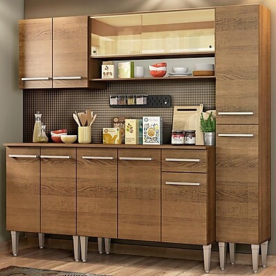 Cozinha Completa Madesa Emilly Sky: Design Rustic com Armário de Vidro