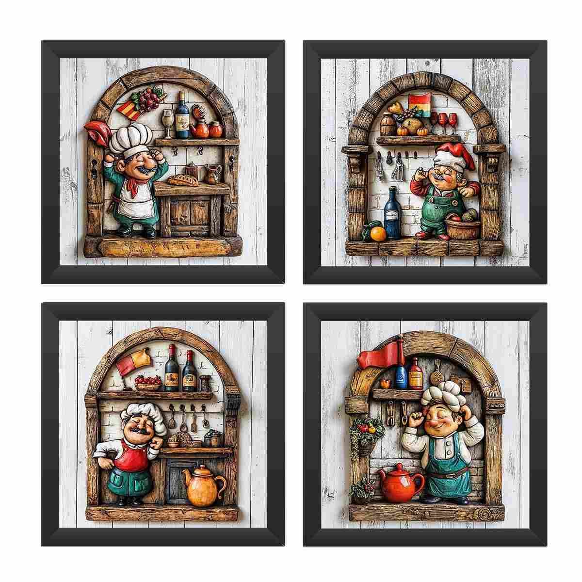 Kit 4 Quadros 18x18 cm Cozinha Mestre Cuca - Decoração Gourmet em Preto