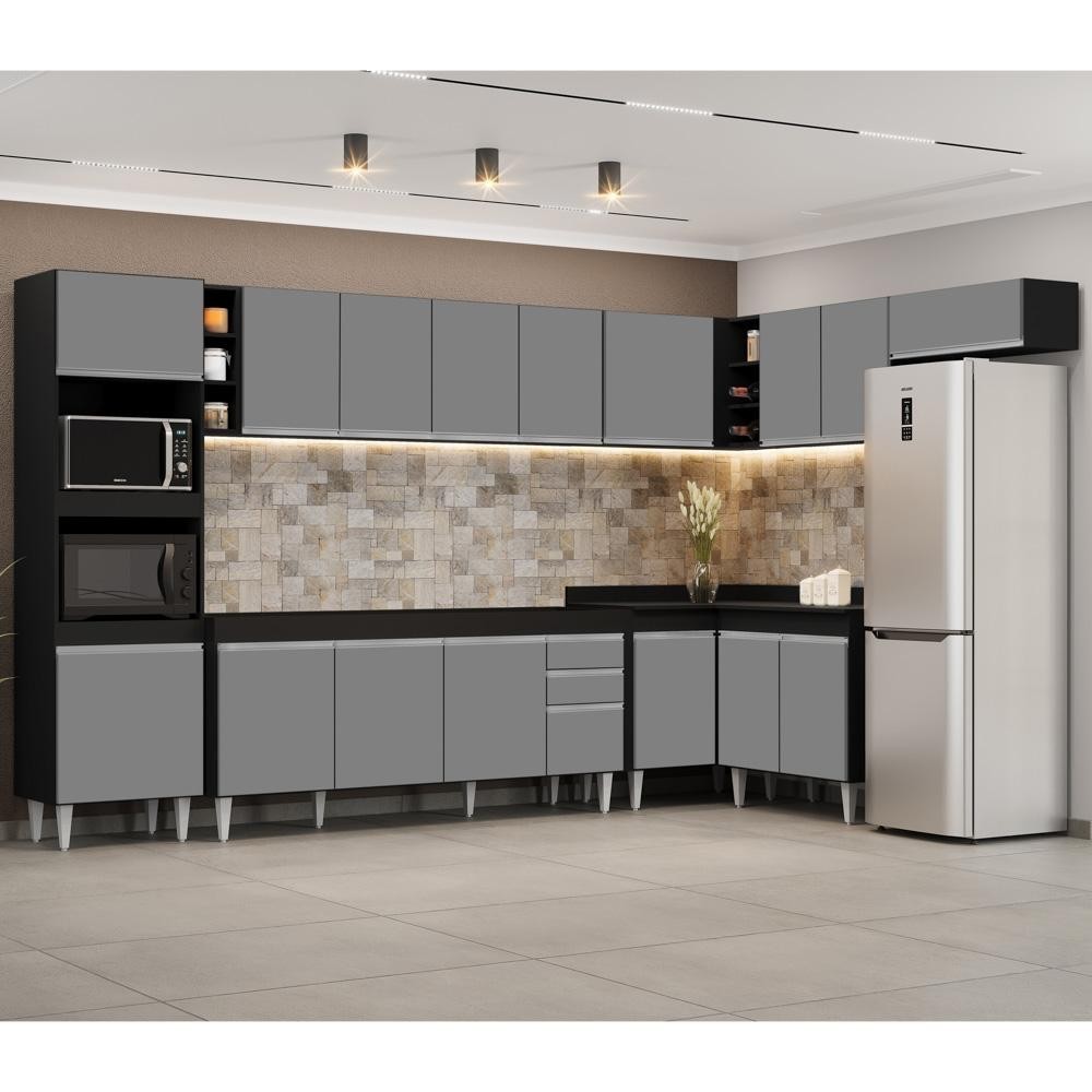 Cozinha Modulada 9 Peças: Canto Preto/Cinza