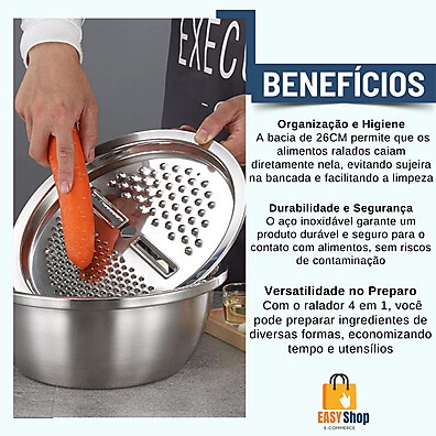 Ralador 4 em 1 com Bacia de Inox 26cm – Praticidade na Cozinha