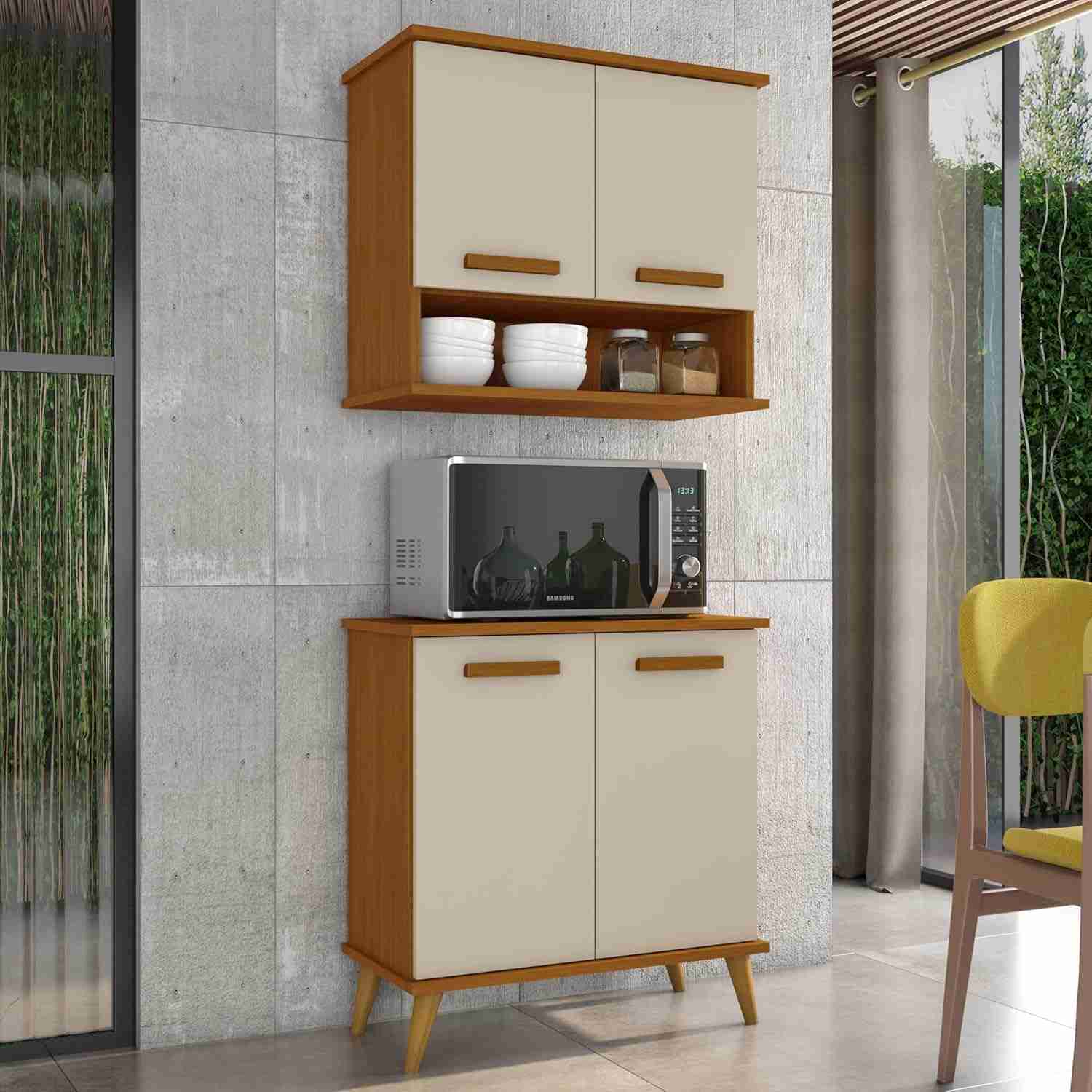 Kit de Cozinha Mavi – Balcão e Armário Aéreo Moderno em Cedro/Off para Espaço Organizado