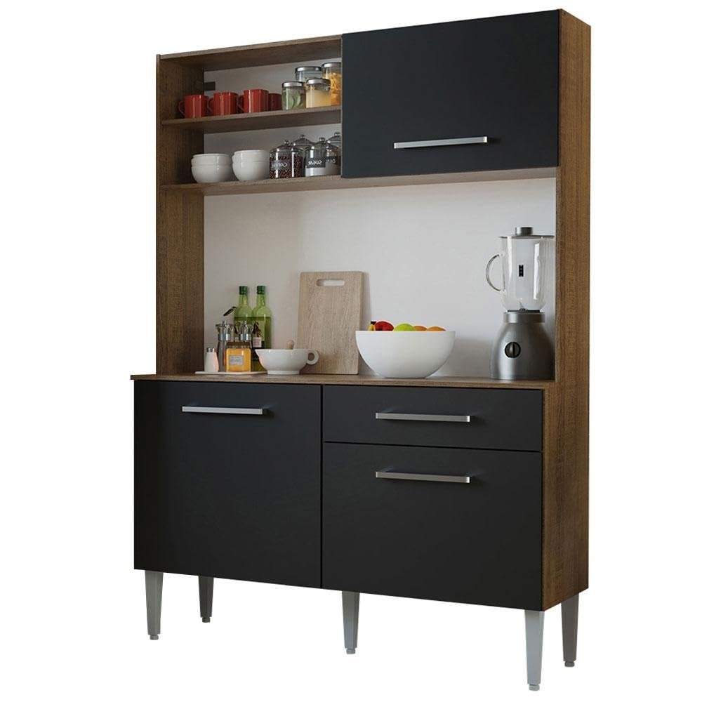 Kit Cozinha Compacta 120cm Rustic/Preto Life Madesa - Organização e Estilo para Espaços Pequenos