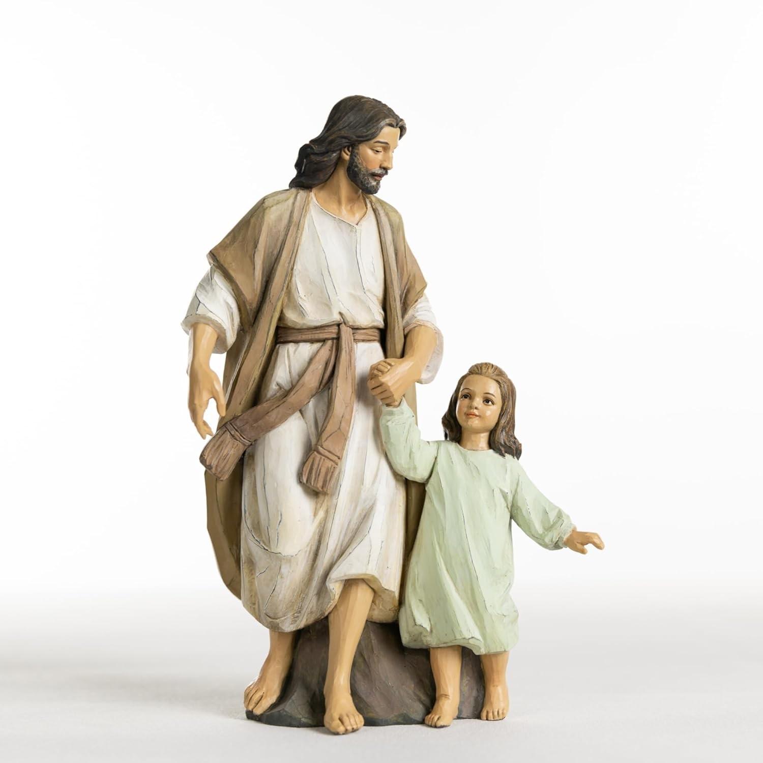 Escultura Jesus Cristo com Menina 24cm - Estátua Religiosa Pintada à Mão para Decoração Cristã