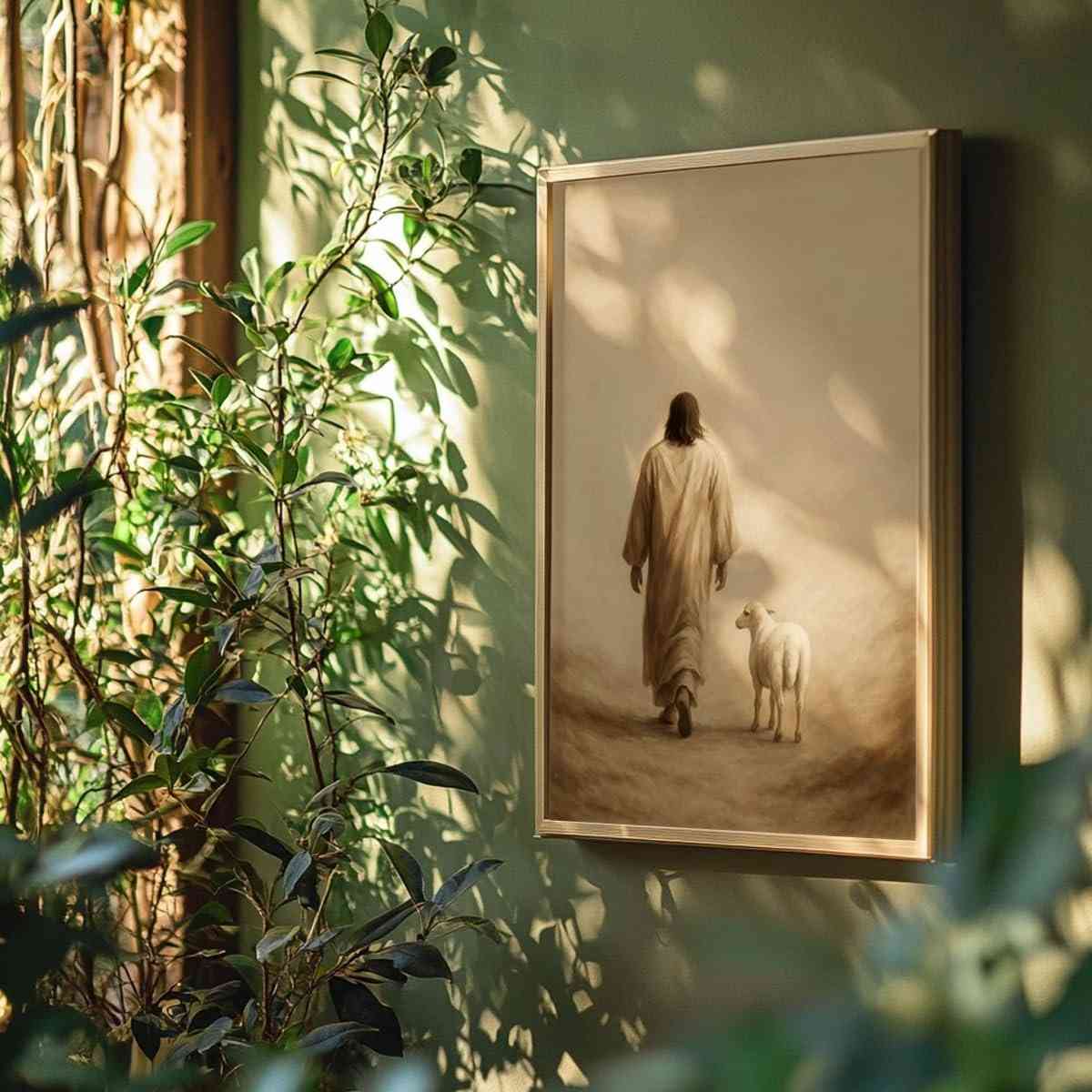 Quadro Decorativo Jesus e Ovelha - Arte Cristã Inspiradora com Moldura para Parede
