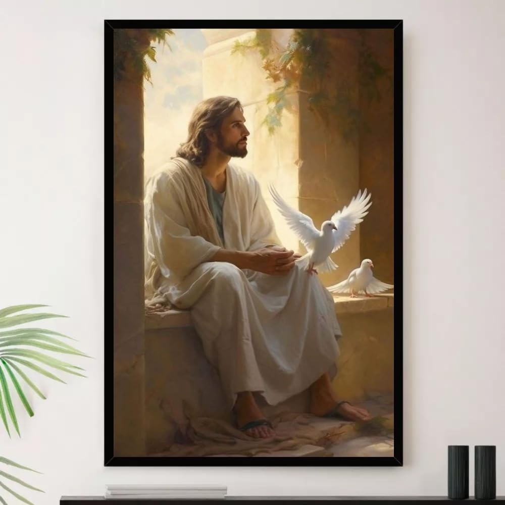 Quadro Jesus Cristo Pomba Branca Paz - Moldura Premium A3 35x45cm