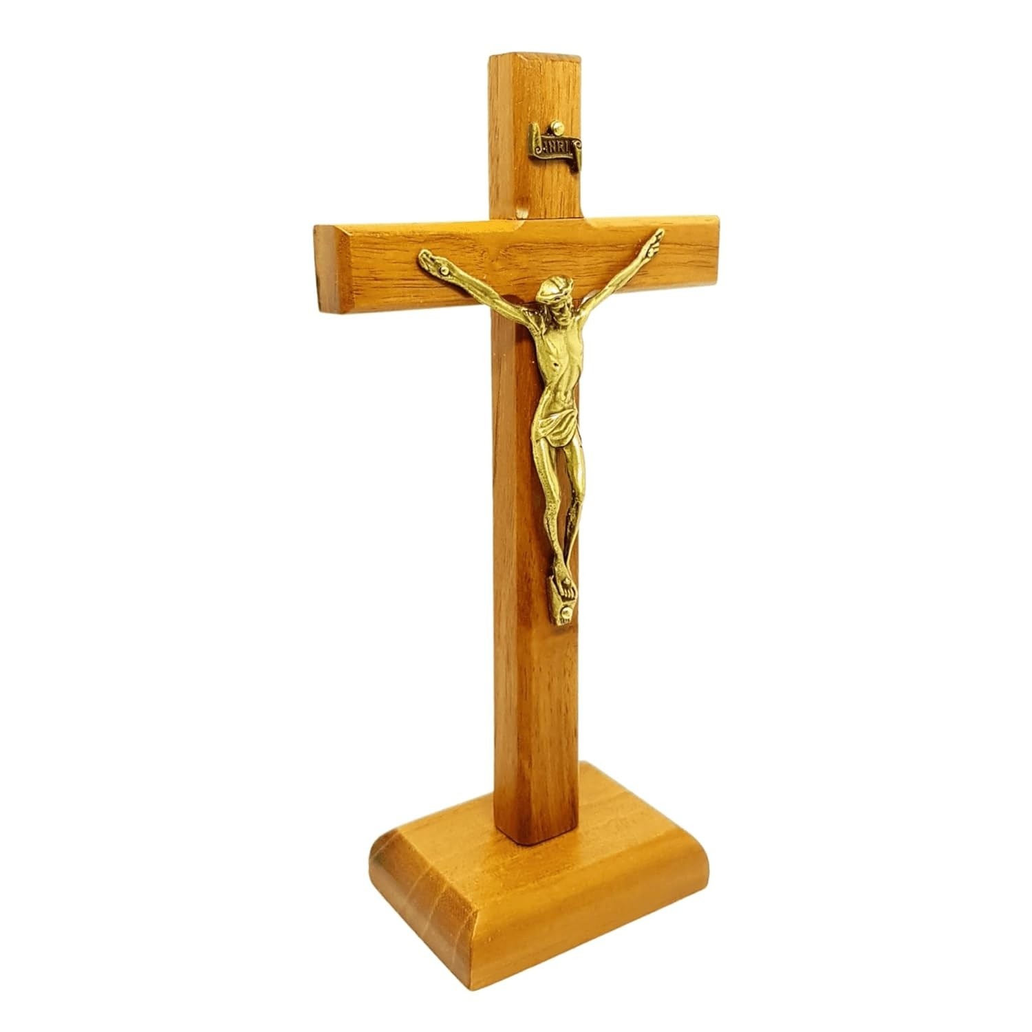 Crucifixo de Mesa em Madeira Clara com Cristo em Metal - 18 cm | Decoração e Fé