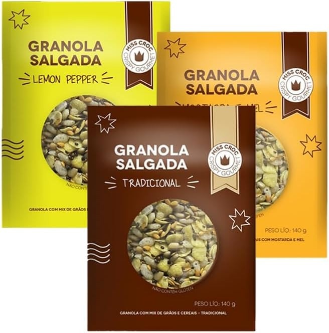 Kit 3 Granolas Crisp Sachê Miss Croc: Lemon Pepper, Mostarda e Mel, Tradicional