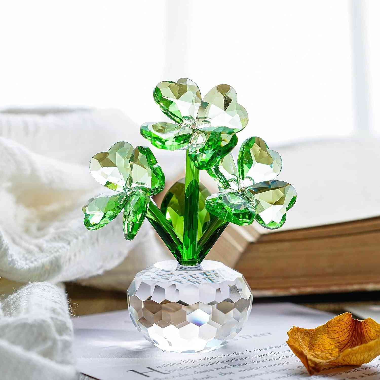 Crystal Flower Dreams - Estatueta de Trevo de Quatro Folhas em Cristal Verde | Presente Sortudo para São Patrício, Natal e Ações de Graças