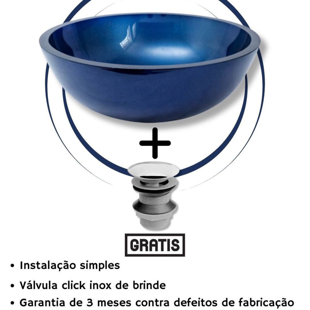Cuba de Vidro Redonda 35cm com Válvula Click Inox para Banheiro