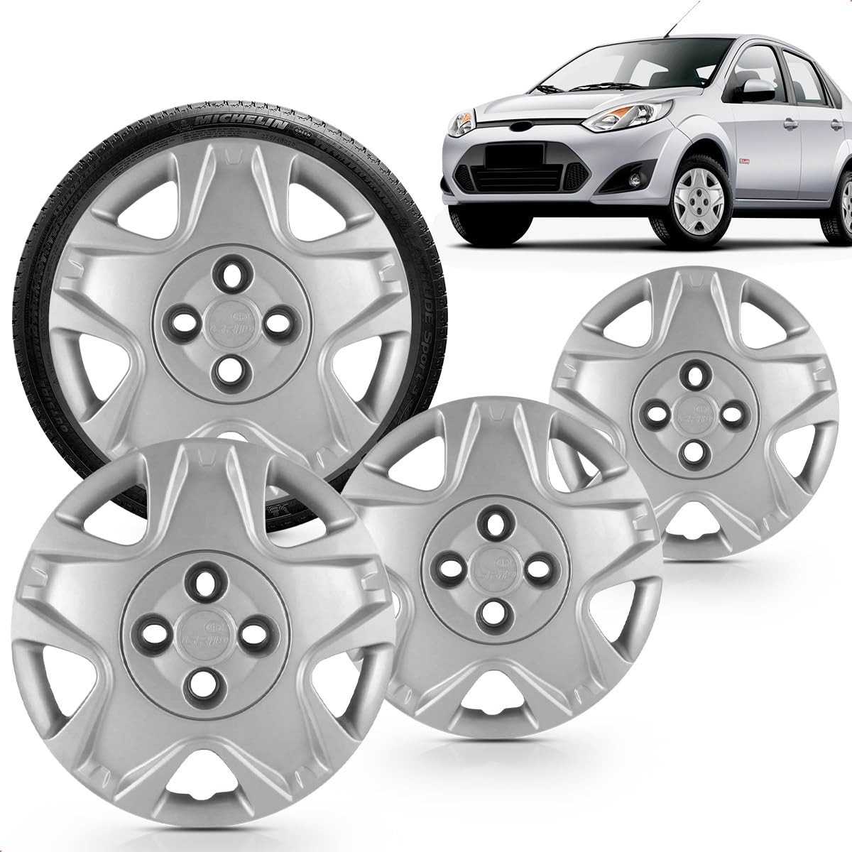 Kit 4 Calotas Aro 14 Fiesta Hatch Sedan 2011-2012 Prata Grid - Cubo Baixo