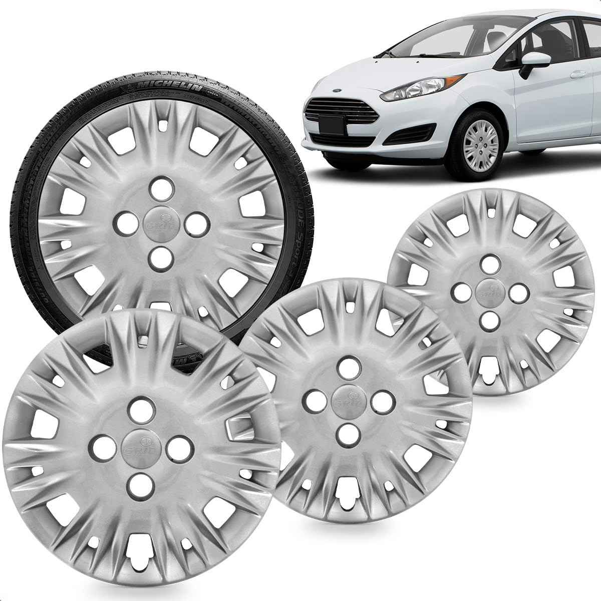 Kit 4 Calotas Aro 14 Prata Grid New Fiesta 2014-2017 - Cubo Baixo
