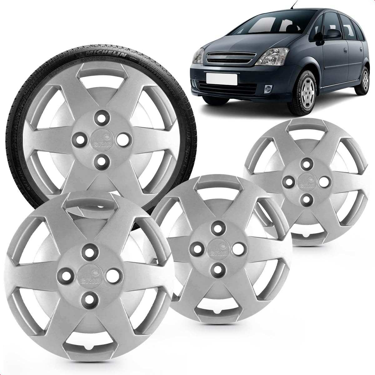 Kit 4 Calotas Meriva Aro 14 Prata - Design Grid Cubo Baixo e Fixação Segura