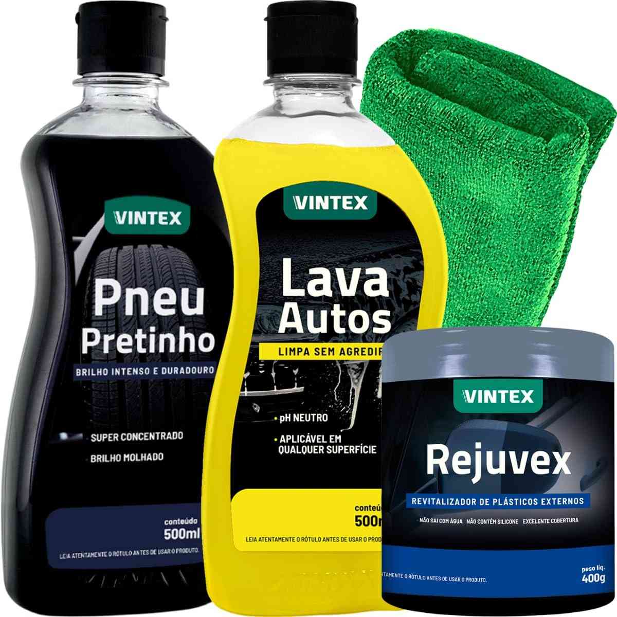 Kit Completo para Cuidado Automotivo: Pretinho Brilhante, Lava Autos, Rejuvex e Pano Microfibra