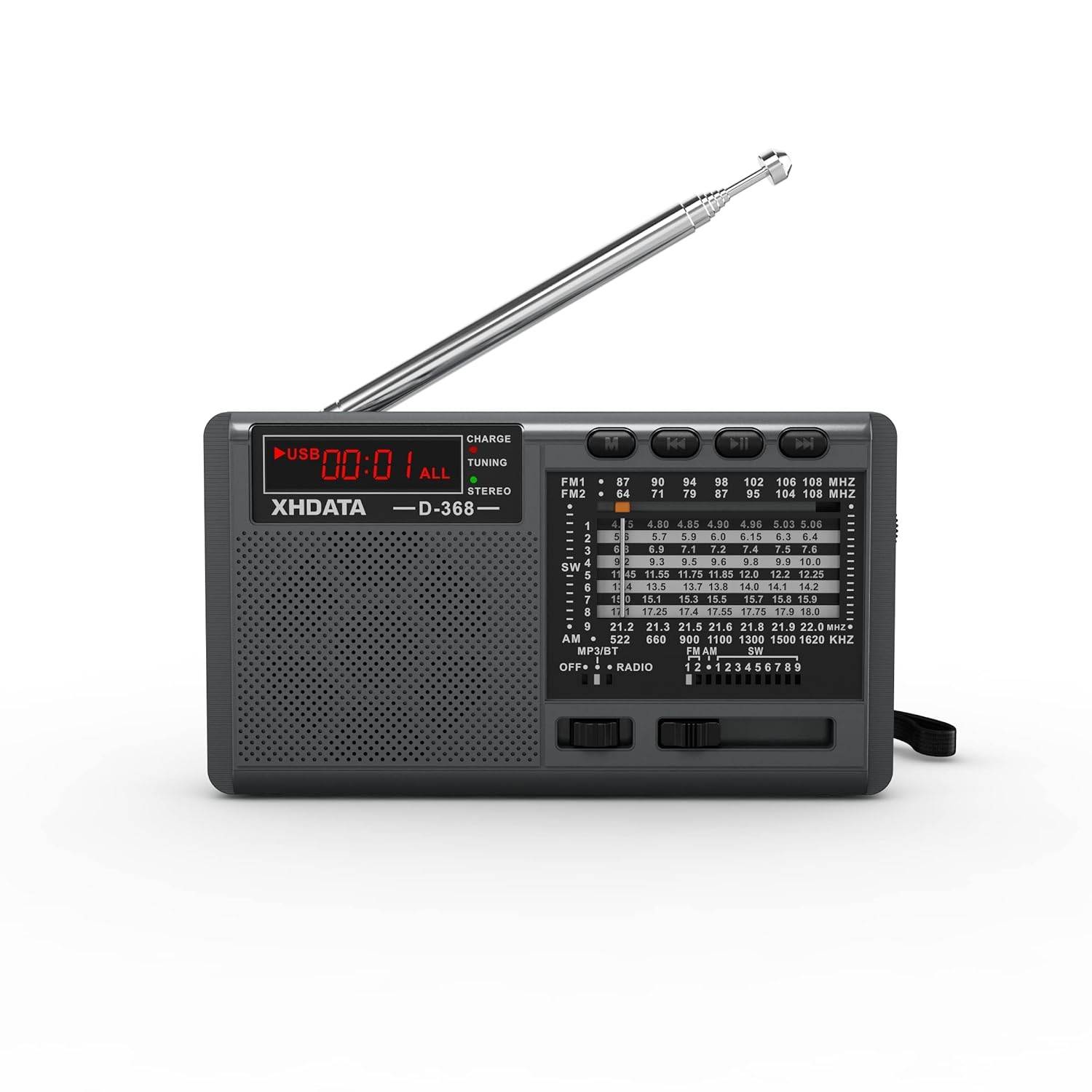 Rádio Portátil XHDATA D368: Ondas Curtas, Bluetooth, MP3 e Bateria Recarregável