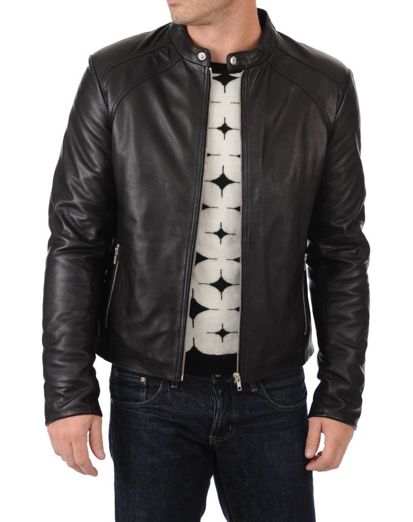 Jaqueta masculina de couro de cordeiro com motocicleta da Leather FARM, Preto, Large