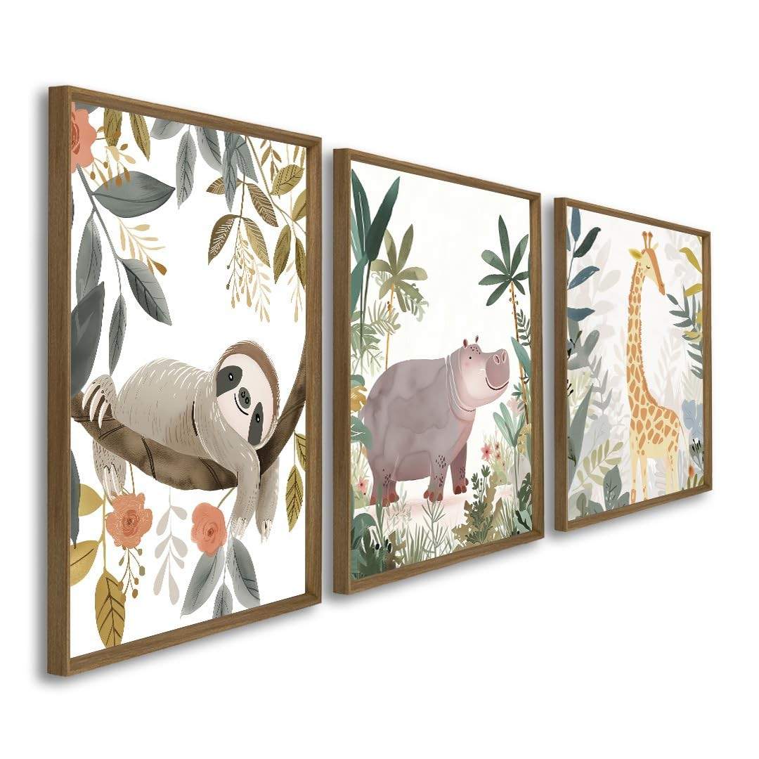 Quadros Decorativos Infantil Animais da Selva - Bicho-Preguiça, Hipopótamo e Girafa | 50x75cm em Madeira