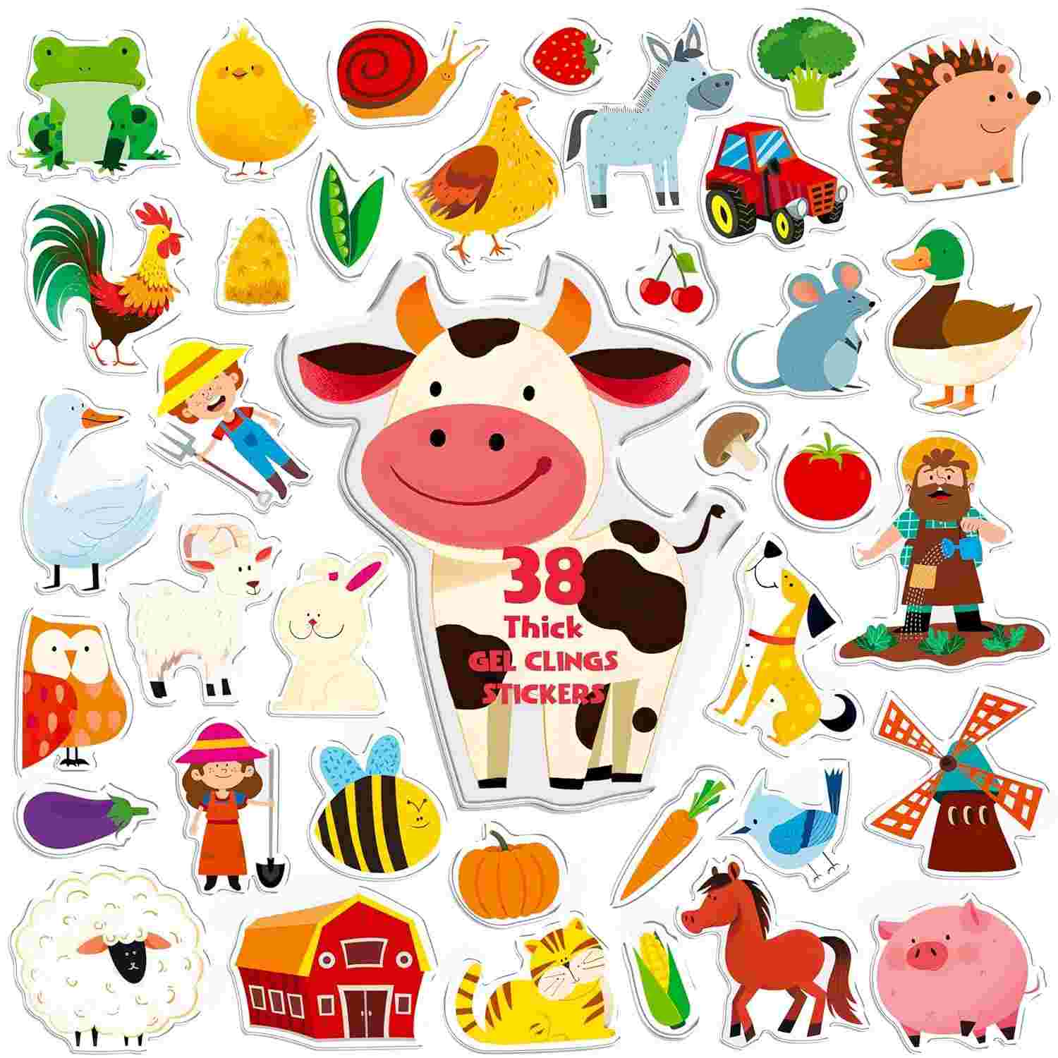 Adesivos de Geleia de Animais da Fazenda - 38 Peças Reutilizáveis para Decoração e Aprendizado Infantil