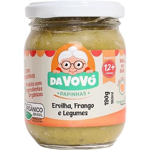 Da Vovó, Papinha infantil, Linha+12, Orgânica, Sabor Arroz, Ervilha, Frango e Legumes, 200ml