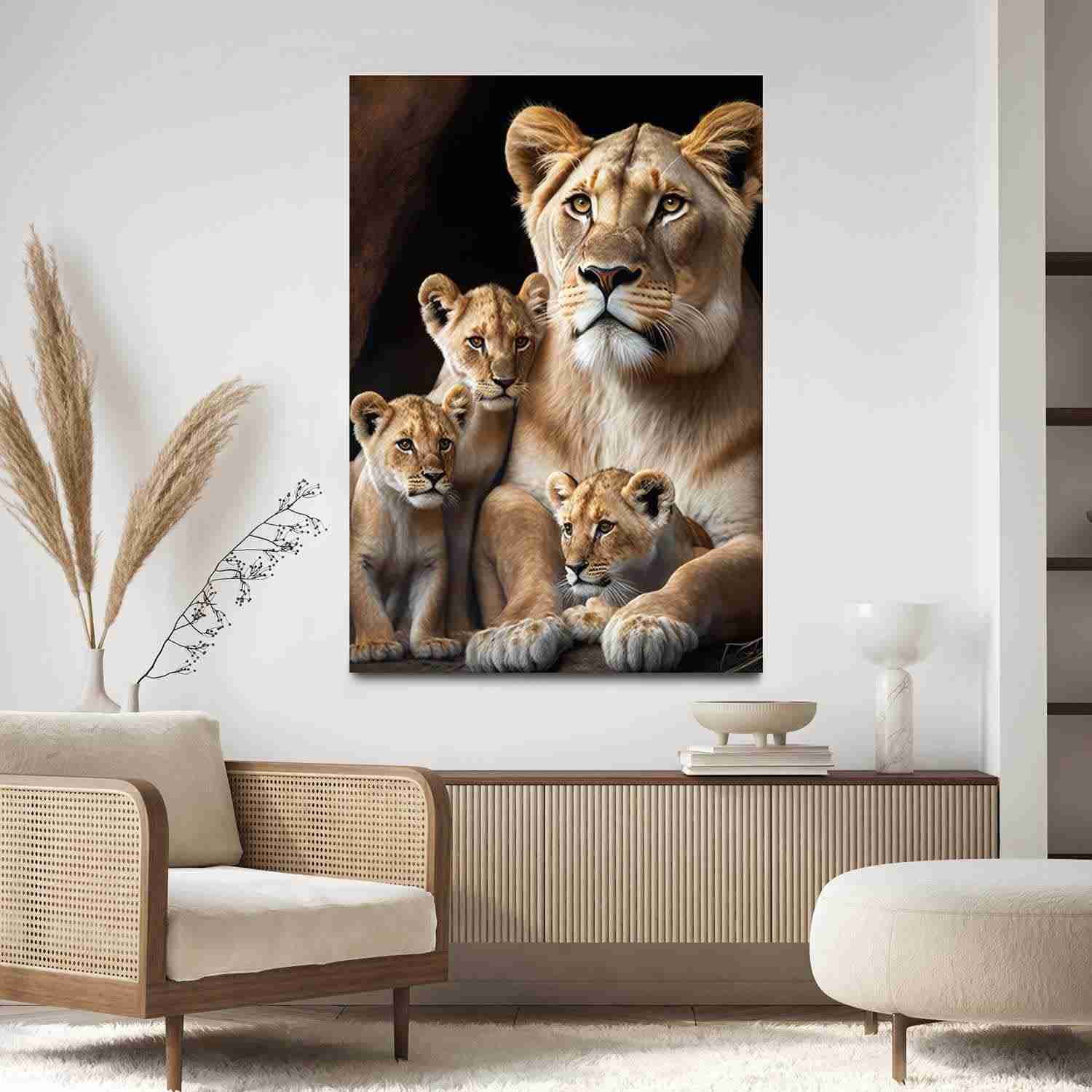 Quadro Decorativo Leoa com Filhotes da Savana 40x60cm - Tecido Premium com Impressão HD