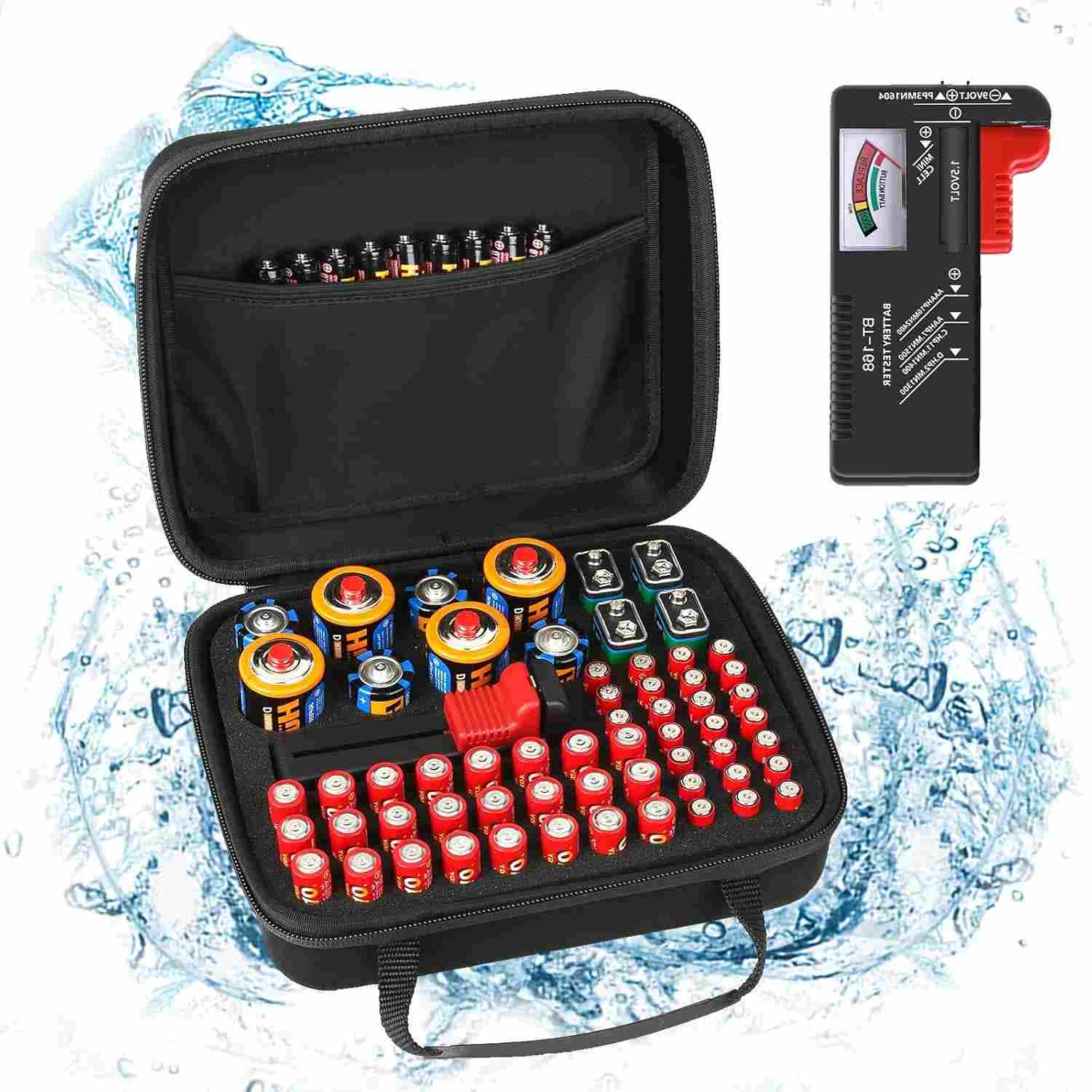 Organizador de Baterias Premium com Testador BT-168: Estojo Rígido e à Prova d'Água para 60+ Pilhas
