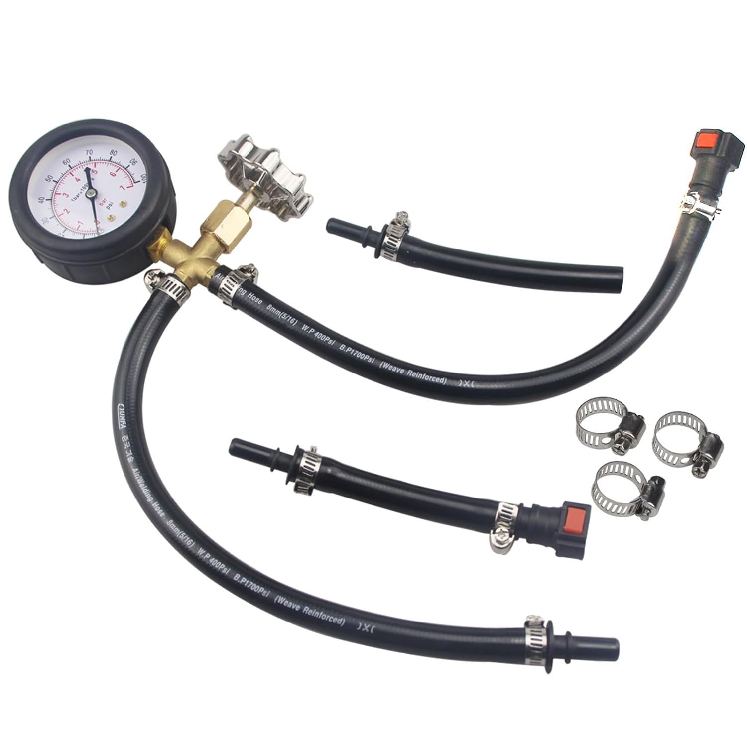 Kit Testador de Pressão de Combustível Universal 0-100 PSI com Mangueira Rápida - Diagnóstico Preciso para Injeção Eletrônica