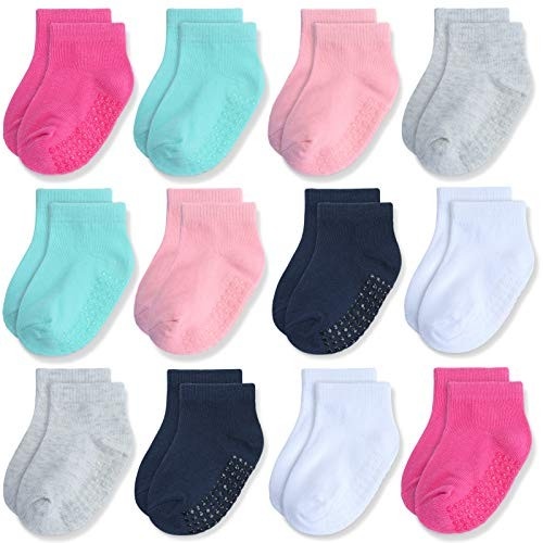 JAKIDAR 12 Pares de Meias de Bebê Antiderrapantes de Algodão para Crianças Pequenas, Meias de Tornozelo para Bebê, Rosa E Rosa Profundo E Azul Escuro 4-7T