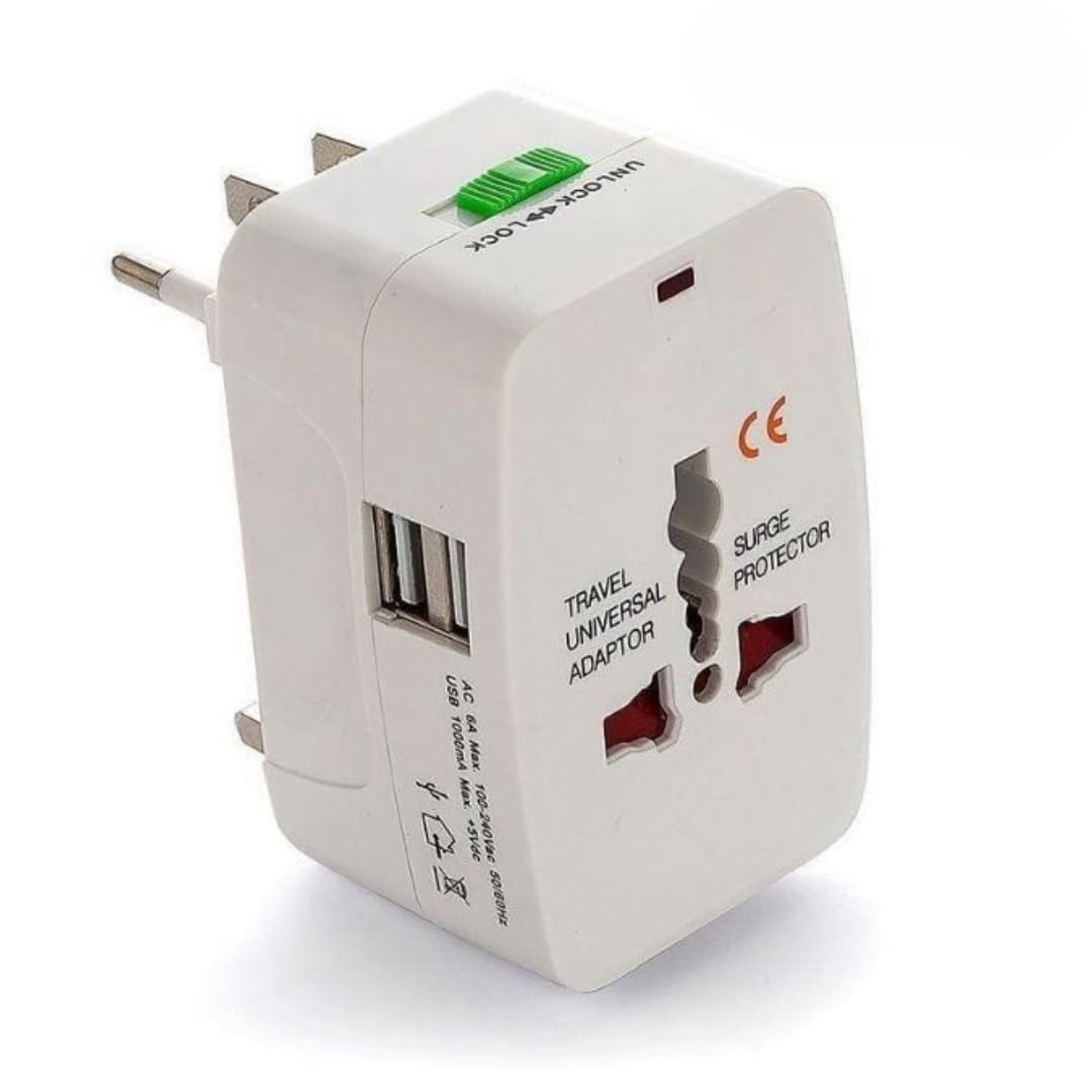 Adaptador Universal de Viagem Premium: 2 USB, Bivolt, Pinos Retráteis para +150 Países